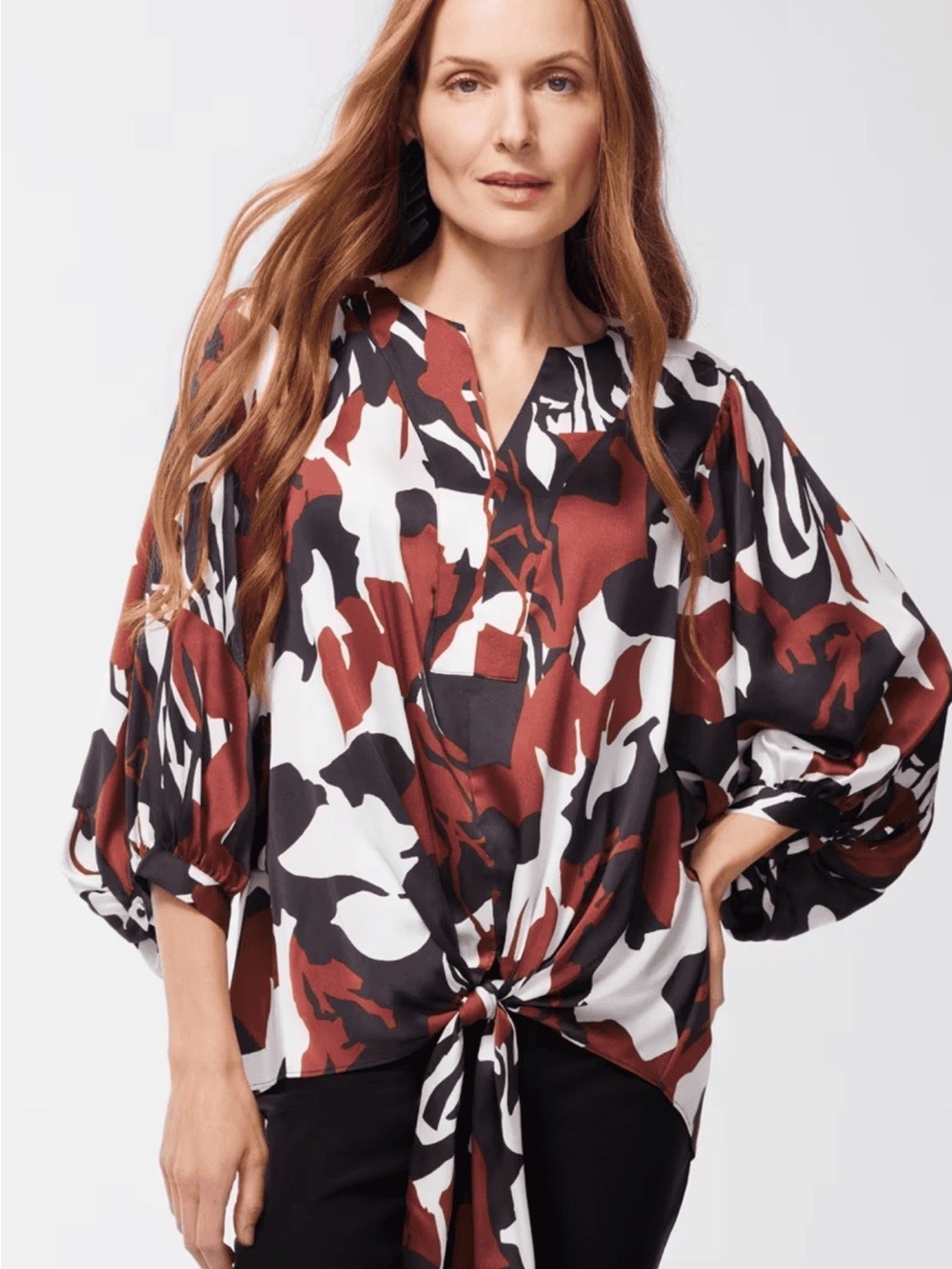 Chico's Rust Black White Abstract Loose Flowy Silky Tie-Front Blouse